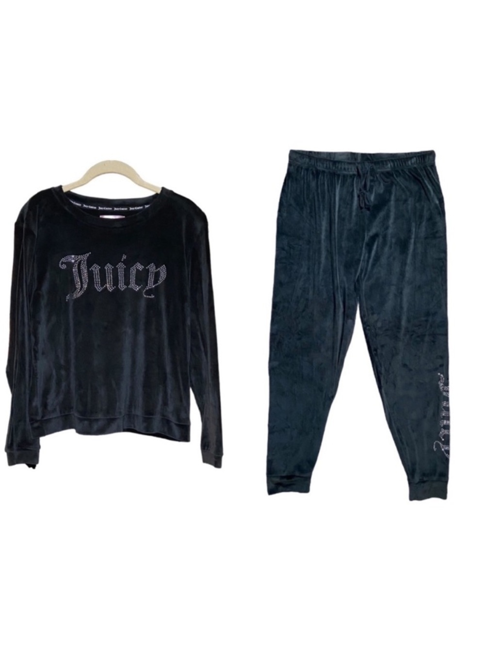 Juicy Couture Black Velour Lounge Set M Y2K Rhinestone Logo Tracksuit Cozy Glam - Picture 2 of 9